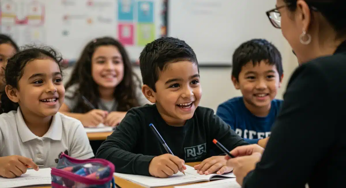 Teacher interacting with students in a bright classroom.
