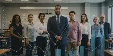 Teachers in a classroom with a graph showing declining workforce.