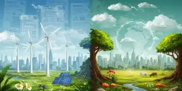 Futuristic cityscape with clean energy and lush nature representing US environmental policy 2026