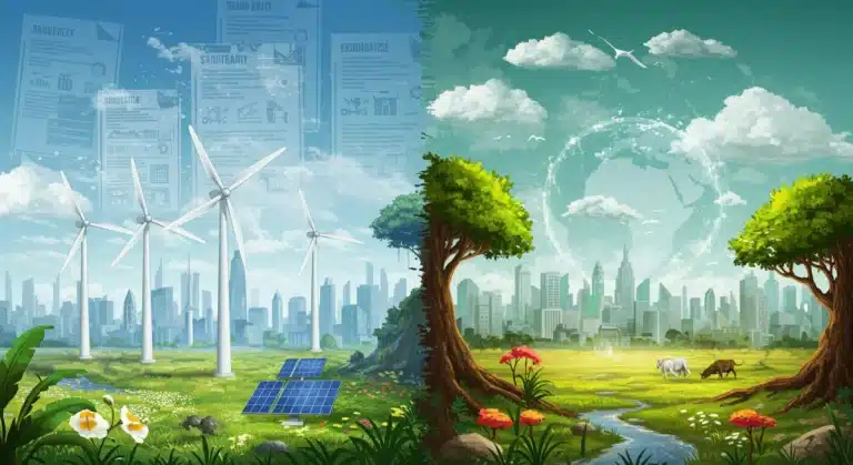 Futuristic cityscape with clean energy and lush nature representing US environmental policy 2026
