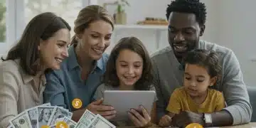 Smiling family reviewing finances, symbolizing EITC benefits.