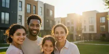 Family smiling in front of affordable housing complex