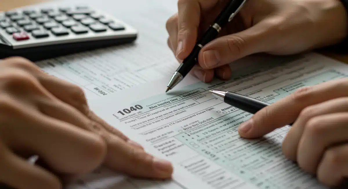 Hands filling out EITC detailed tax forms.