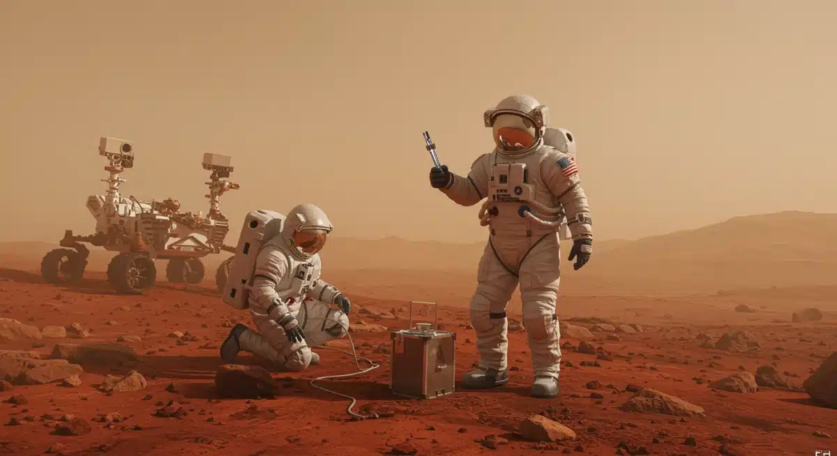 Astronauts performing scientific research on the Martian surface with a rover.