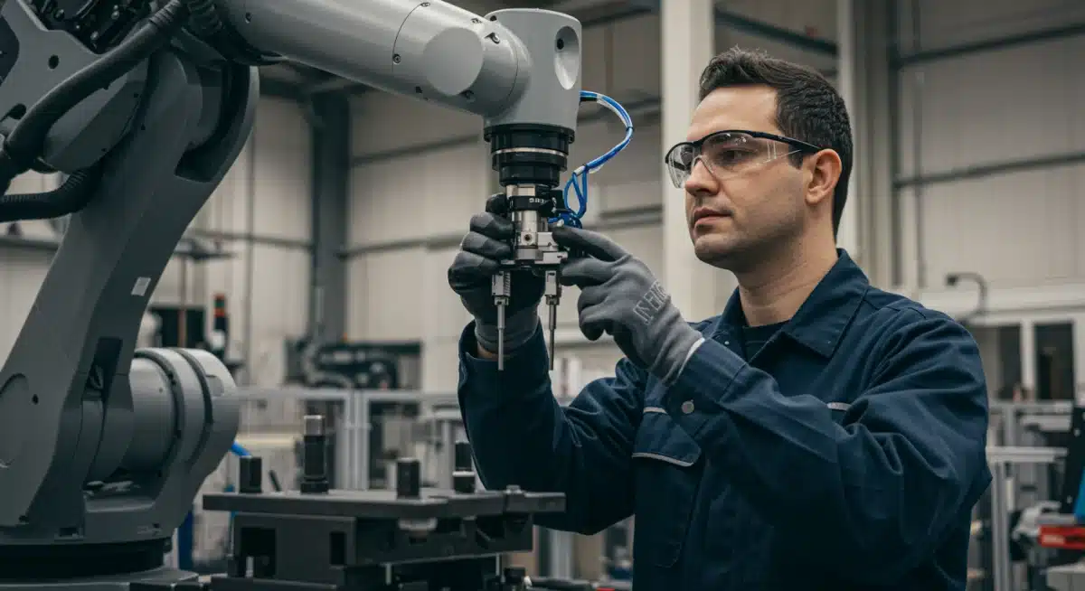 Technician working on advanced robotics in a manufacturing plant