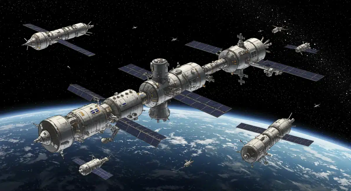 Orbital space station with commercial spacecraft, symbolizing the space economy.