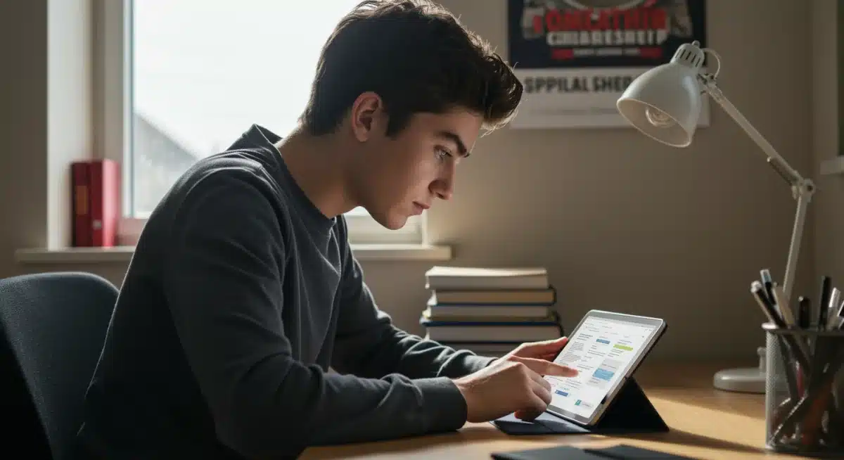 Student diligently applying for scholarships online using a tablet.