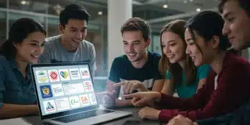 Students excitedly reviewing scholarship opportunities on a laptop for 2026.