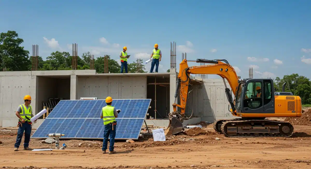Construction workers building a sustainable, eco-friendly structure