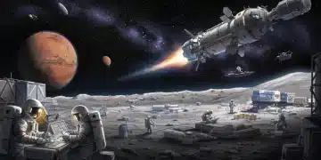 Futuristic lunar base and spacecraft representing the US Space Program's 2026 missions.