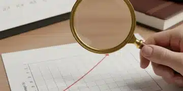 Financial chart with magnifying glass, calendar 2026, and rising interest rates.