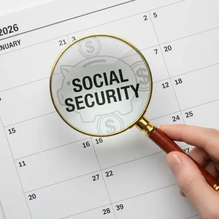 Calendar page for 2026 with Social Security text highlighted, representing future benefit adjustments.