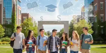 Diverse college students on campus with financial aid symbols, representing 2026 federal college funding