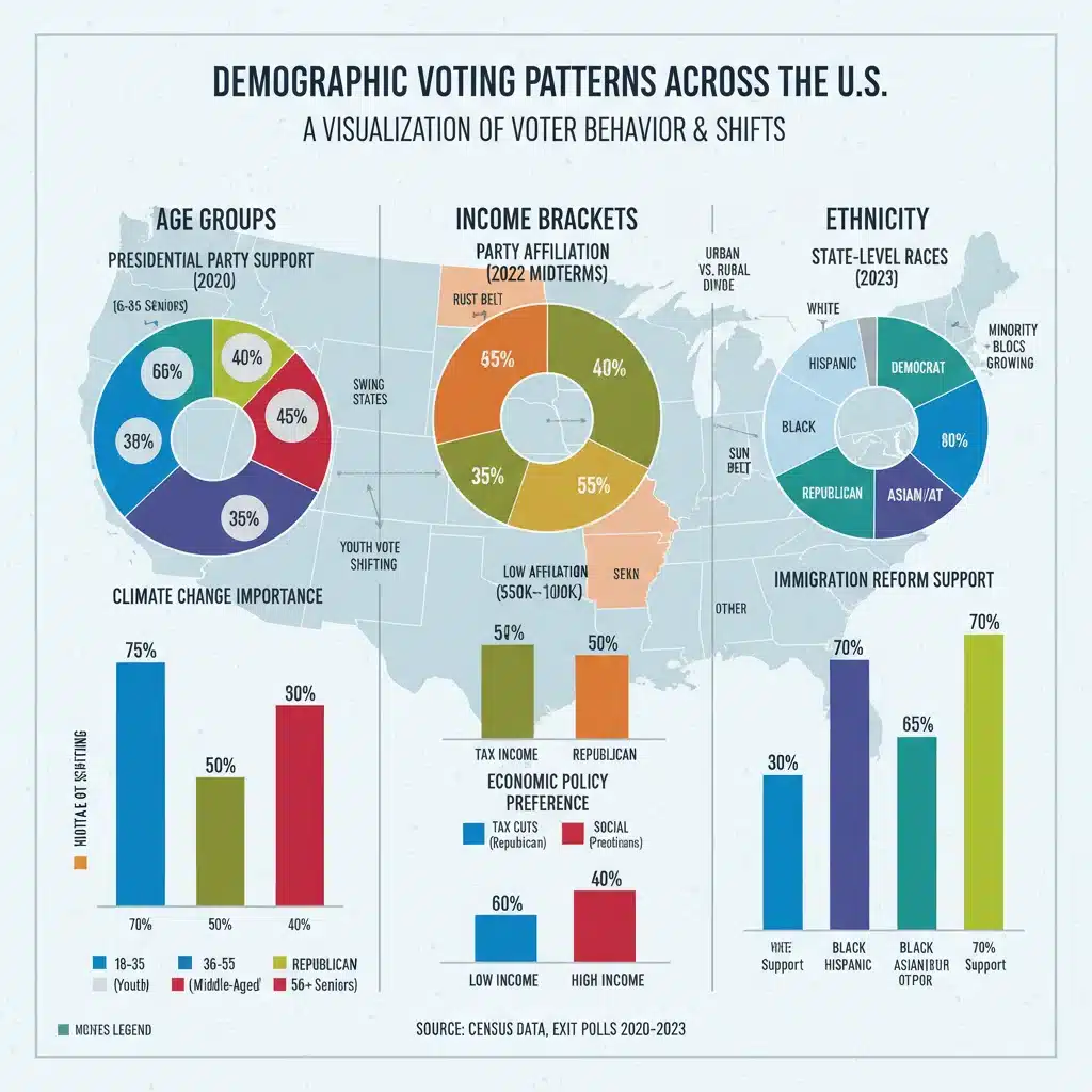 Infographic displaying demographic voting patterns and shifts across US states