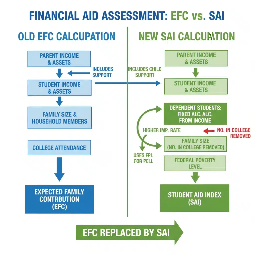 Infographic comparing EFC vs SAI, highlighting FAFSA calculation changes.