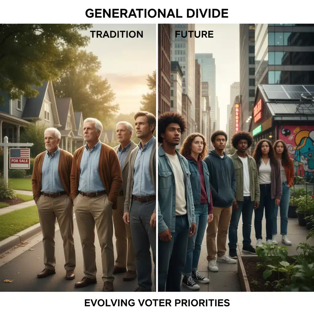 Split image illustrating generational and demographic divides in voter priorities