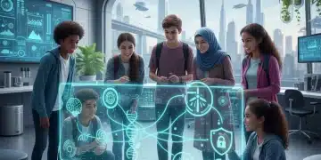 High school students exploring emerging STEM fields on a holographic display