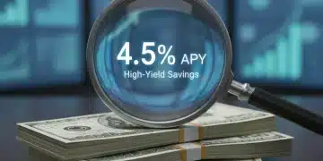 Stack of dollar bills with magnifying glass showing 4.5% APY on high-yield savings account