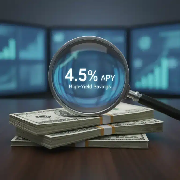 Stack of dollar bills with magnifying glass showing 4.5% APY on high-yield savings account
