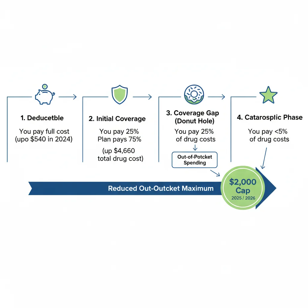 Infographic showing Medicare Part D phases and the new ,000 out-of-pocket cap.