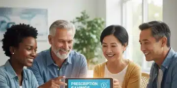 Seniors review prescription cost savings options on a tablet.