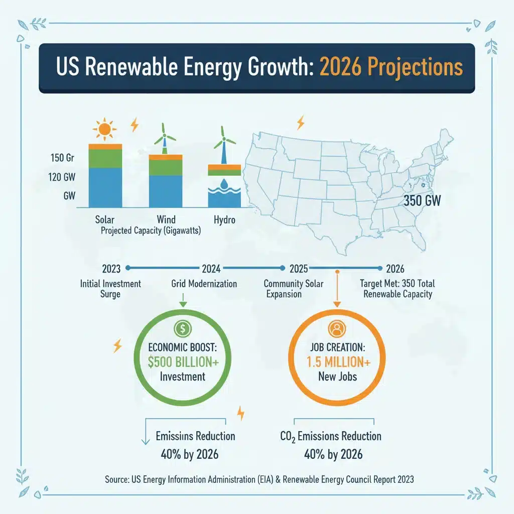 Infographic showing projected US renewable energy growth by 2026, with statistics.