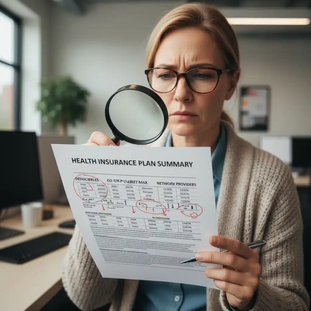 Person reviewing complex health insurance documents with magnifying glass