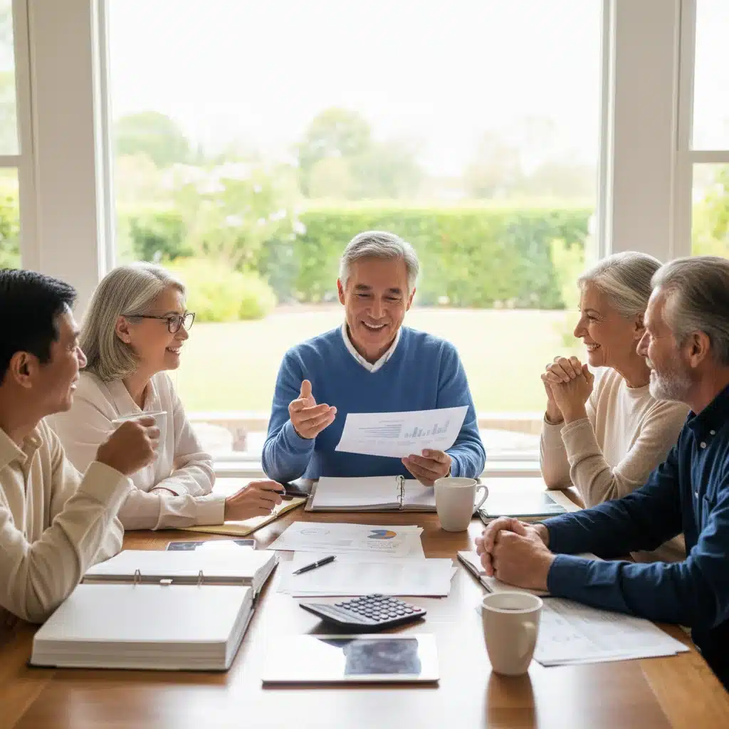 Diverse seniors discussing financial plans and Social Security benefits.