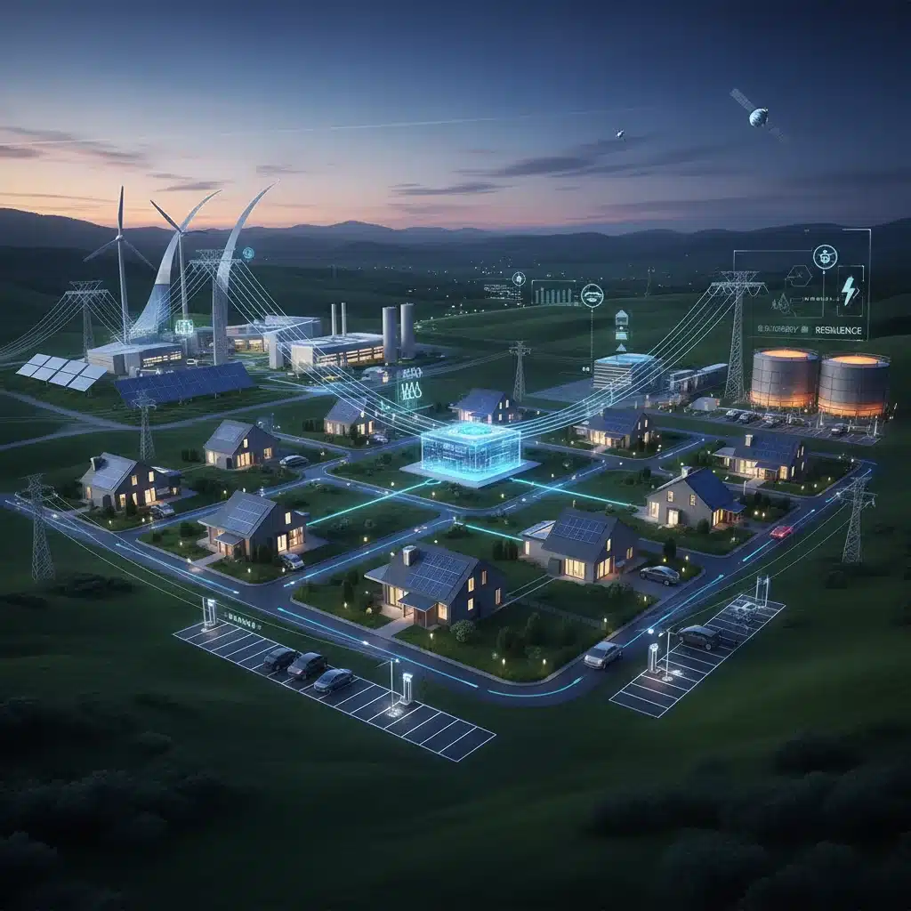 Smart grid system connecting homes, EVs, and industry, illustrating future energy infrastructure.