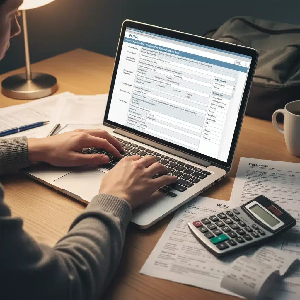 Student filling out FAFSA form on laptop with financial documents