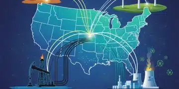 Diverse energy sources converging on a US map, symbolizing the 2026 energy policy debate.