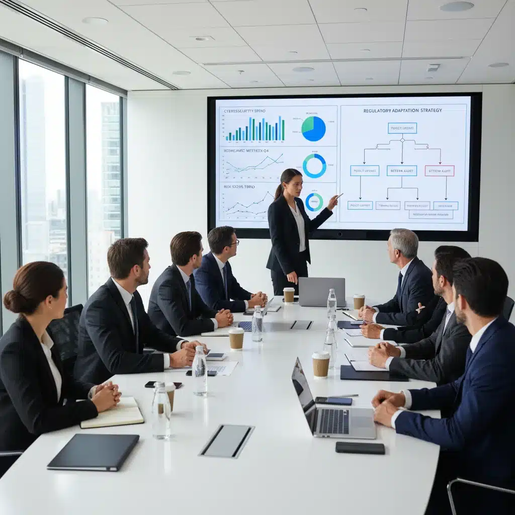 Business team discussing cybersecurity compliance strategies for new federal regulations
