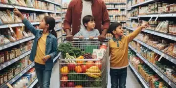 Family smiling while grocery shopping, full cart of healthy food