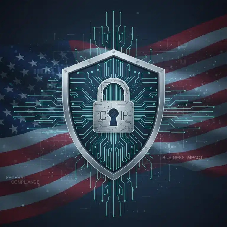 Shield with padlock over circuit board, symbolizing federal cybersecurity regulations and business protection