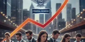 Federal Reserve building with rising interest rate graph and investors analyzing data