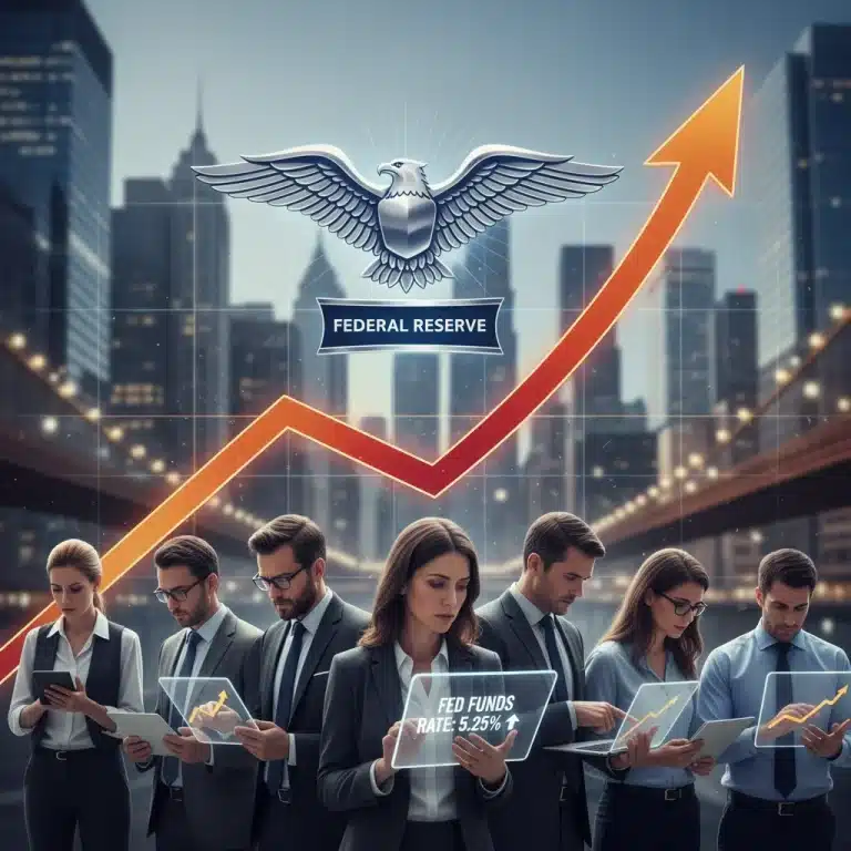 Federal Reserve building with rising interest rate graph and investors analyzing data