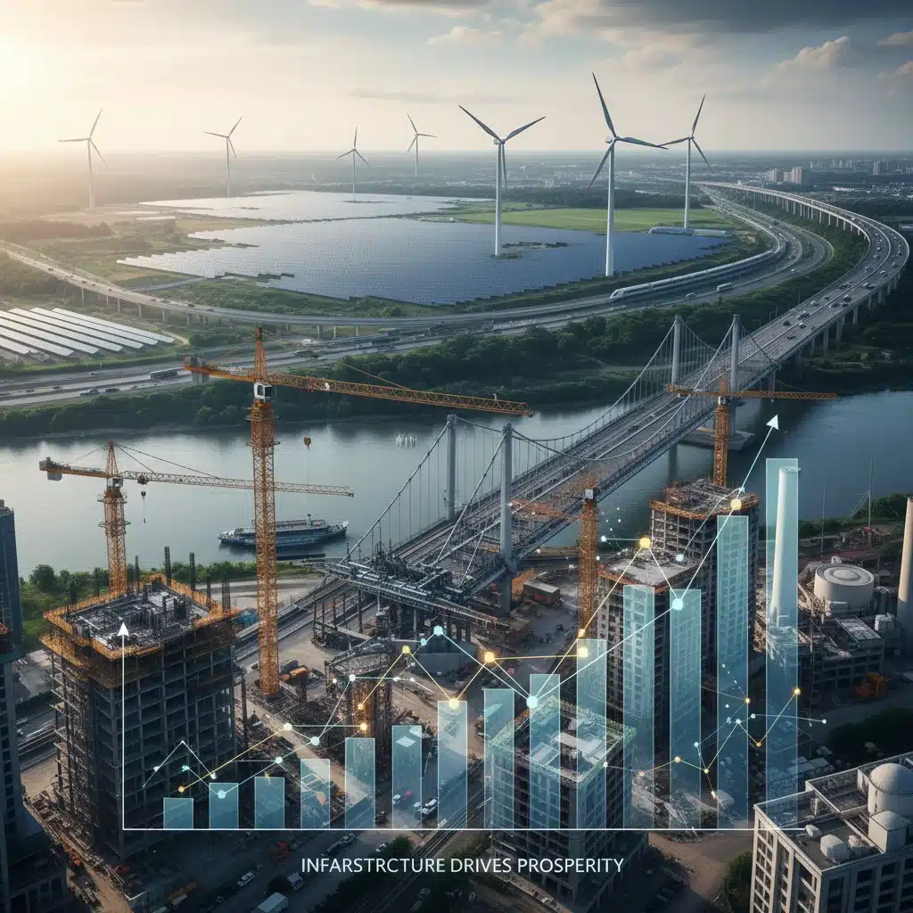 Visual of infrastructure projects and renewable energy, representing federal investment.