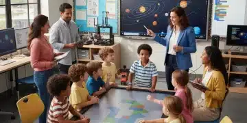Parents and children engaging with new K-12 curriculum standards in a modern classroom
