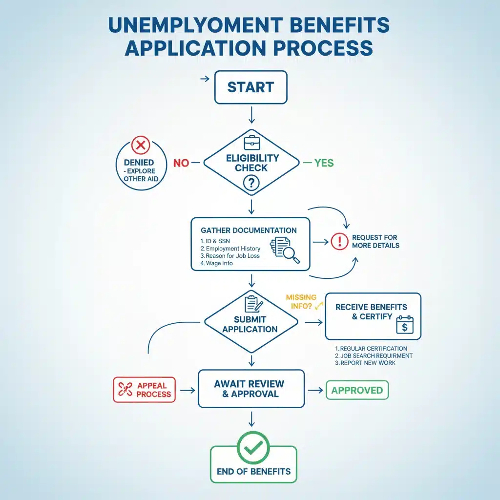 Flowchart detailing unemployment benefit application process