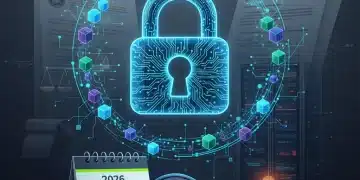 Illustration of a digital lock and data flow, representing 2026 federal data privacy regulations and compliance