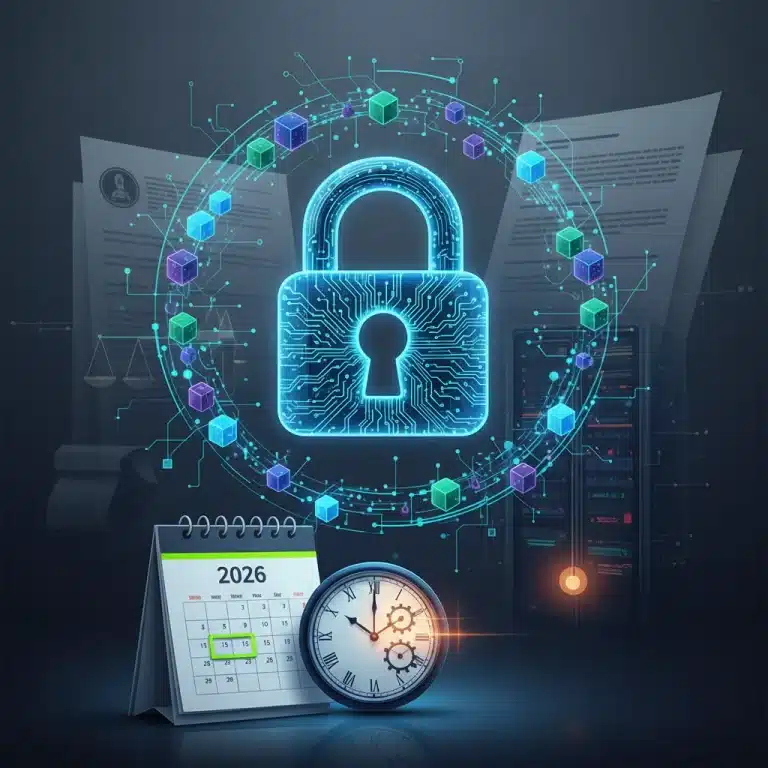 Illustration of a digital lock and data flow, representing 2026 federal data privacy regulations and compliance