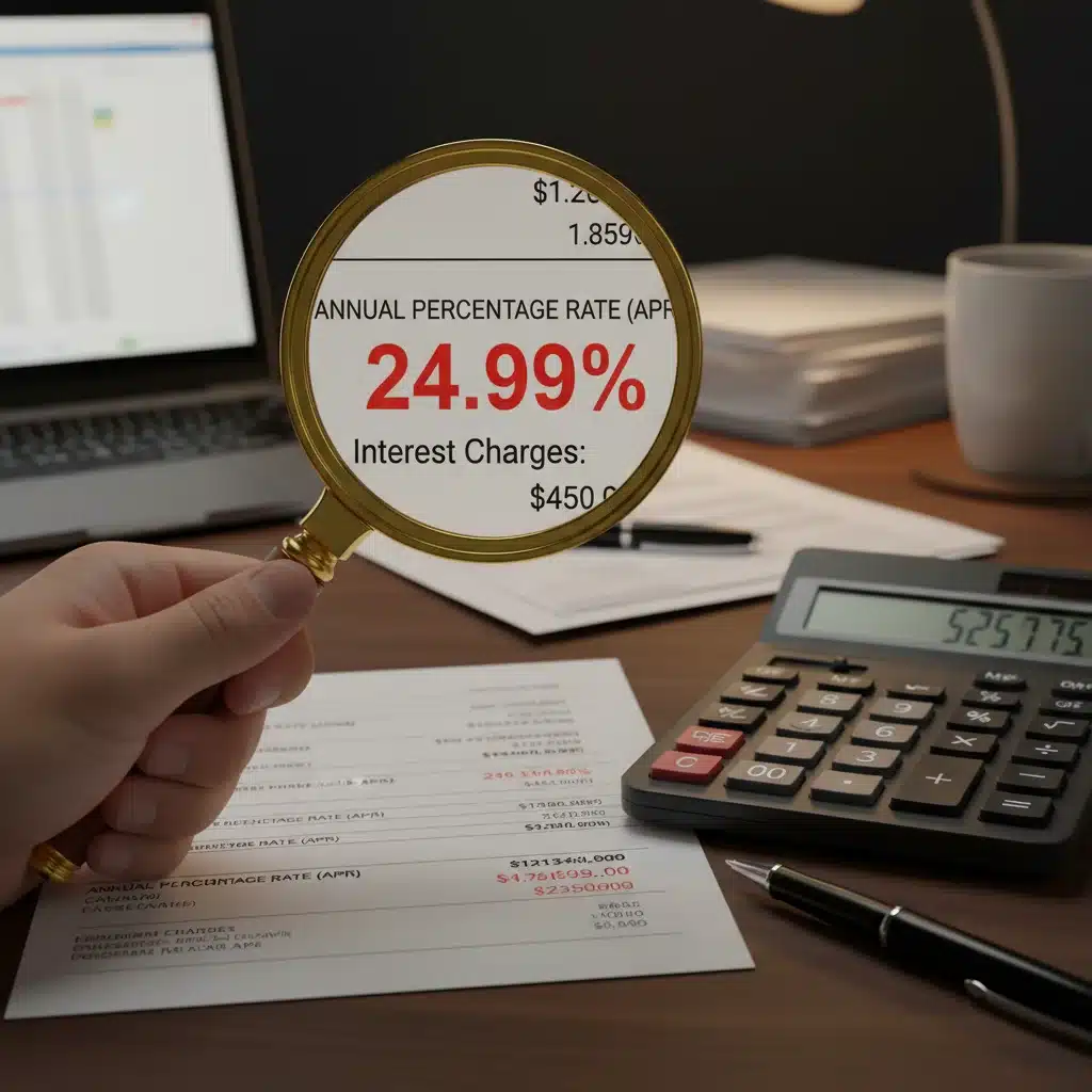 Person analyzing bank statement with magnifying glass for high-yield savings.
