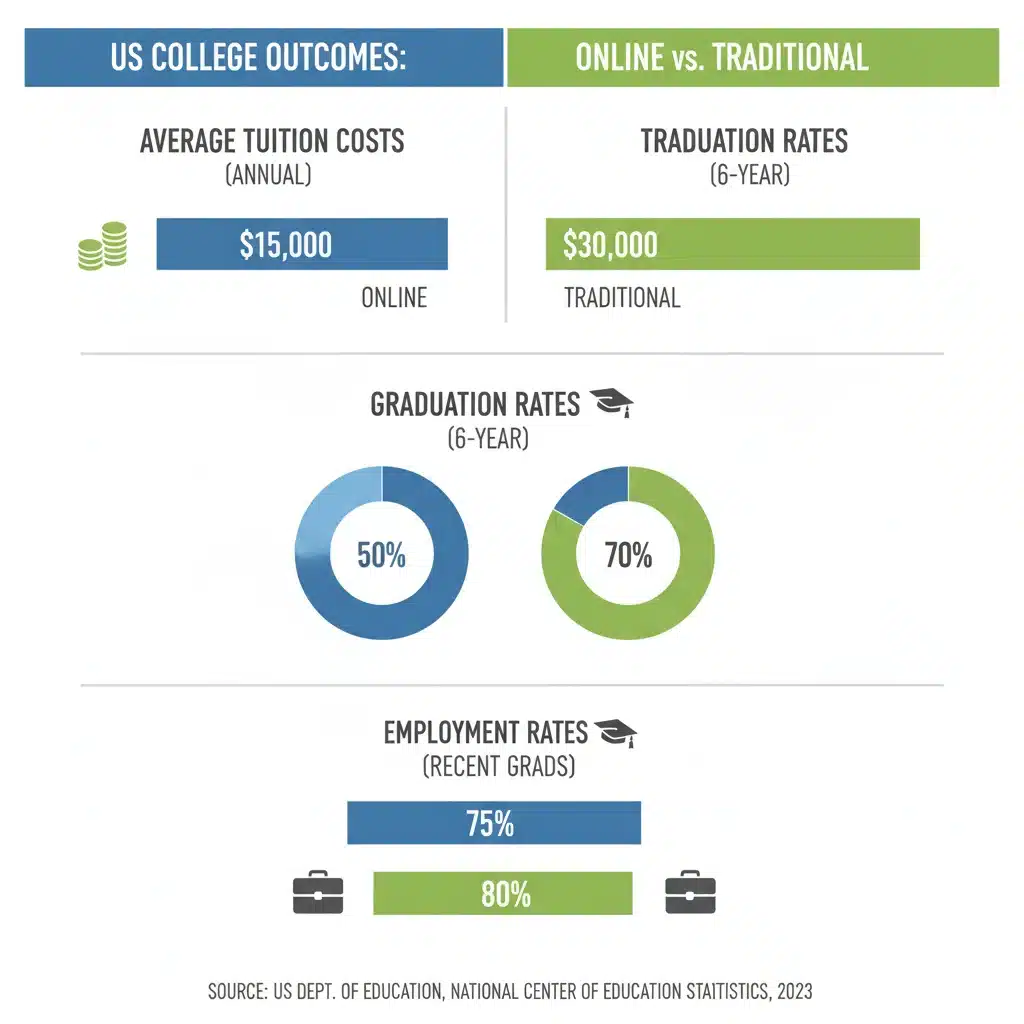 Infographic comparing tuition, graduation, and employment rates for online vs traditional degrees