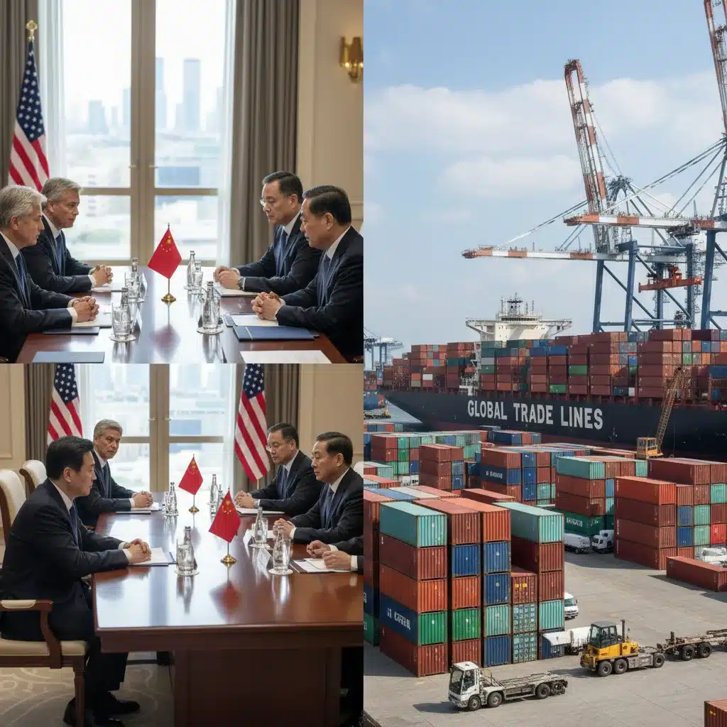 Diplomatic meeting between US and Chinese officials juxtaposed with a busy shipping port, representing trade and diplomatic shifts.