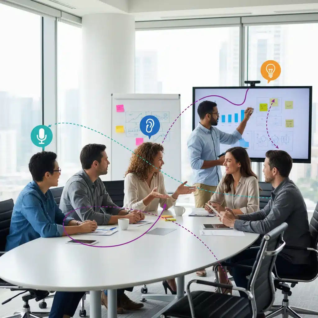 Effective communication in a diverse team meeting, demonstrating strong interpersonal skills.