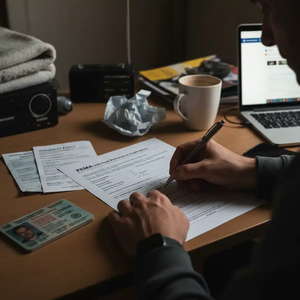 Person filling out FEMA disaster relief application form, emphasizing documentation.