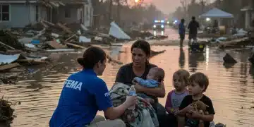 FEMA worker assisting flood victims in front of a damaged home, symbolizing disaster relief efforts.
