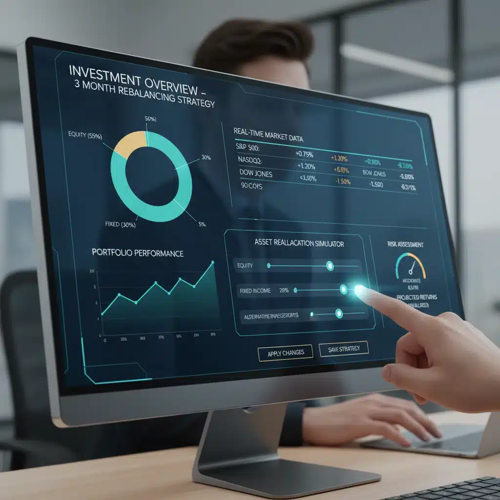 Digital financial dashboard showing asset allocation and real-time market data during a portfolio rebalancing process.