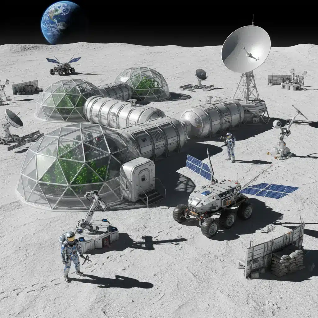 Futuristic lunar base with astronauts and scientific equipment, depicting sustained Moon presence.