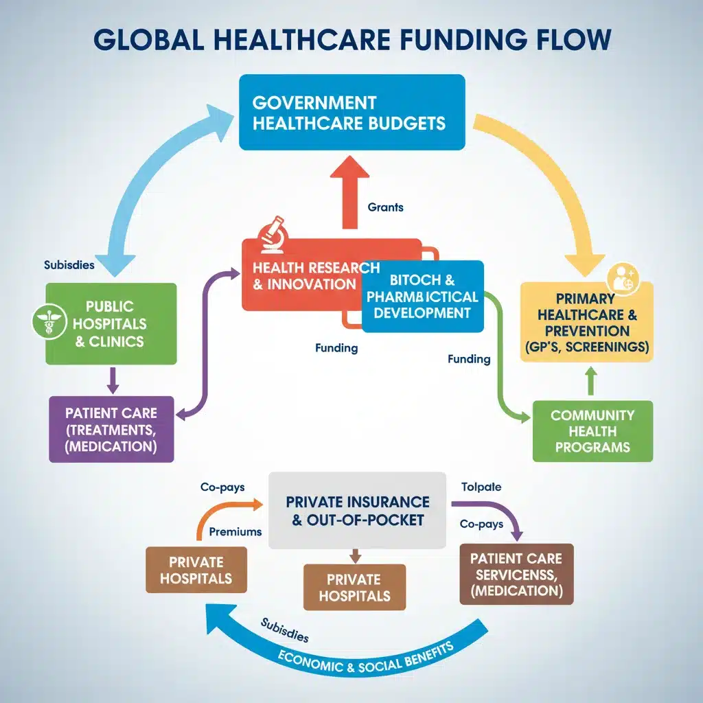 Infographic visualizing the flow of healthcare funding from government budgets to hospitals, research, and patient services.